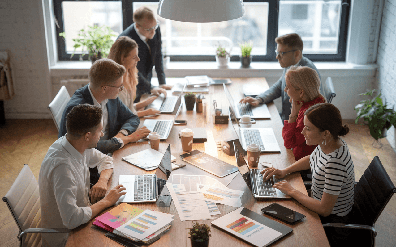 Bureau moderne avec jeunes professionnels collaborant sur ordinateurs portables, icônes de réseaux sociaux à l'écran, reflétant une agence de communication digitale innovante.