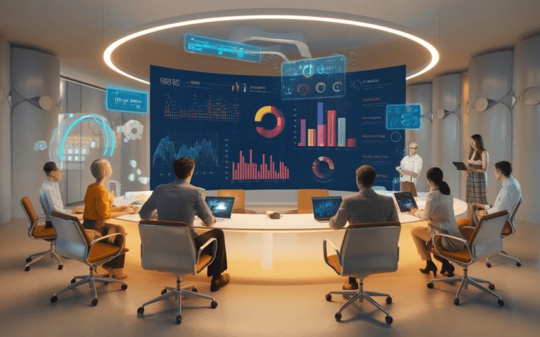 Bureau moderne et futuriste d'une agence de communication digitale avec professionnels collaborant autour d'un écran interactif et d'hologrammes en 2025.