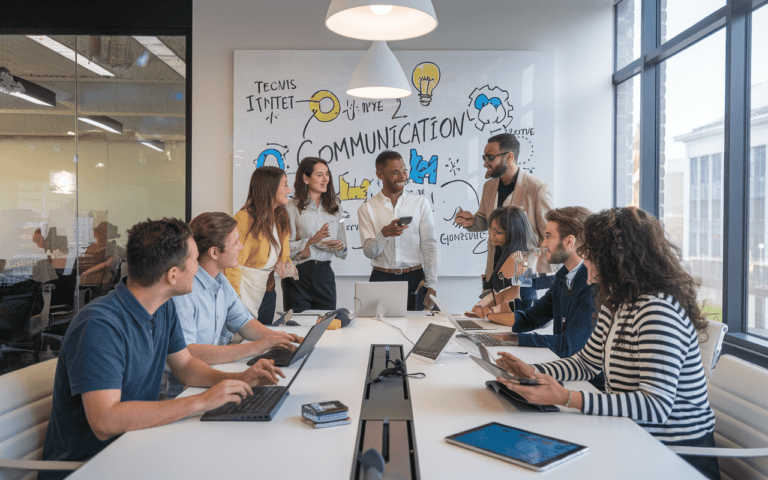Équipe diversifiée dans un bureau moderne d'agence de communication digitale, collaborant autour de technologies de pointe pour discuter des tendances futures en communication digitale.