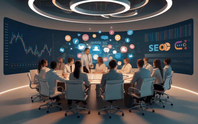 Un bureau moderne d'agence SEO vibrant, avec des professionnels dynamiques planifiant des stratégies numériques autour d'une table, sur fond d'écrans montrant des analyses de données.