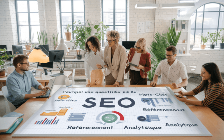Des professionnels du marketing digital collaborent dans un bureau moderne autour d'un tableau blanc illustrant des stratégies SEO, reflétant l'importance d'une agence SEO pour améliorer la visibilité en ligne.