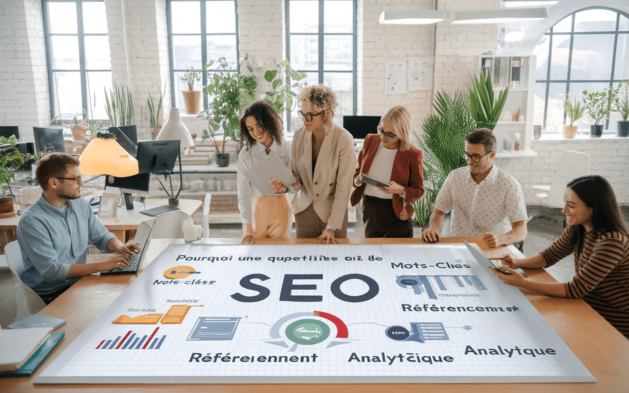 Des professionnels du marketing digital collaborent dans un bureau moderne autour d'un tableau blanc illustrant des stratégies SEO, reflétant l'importance d'une agence SEO pour améliorer la visibilité en ligne.