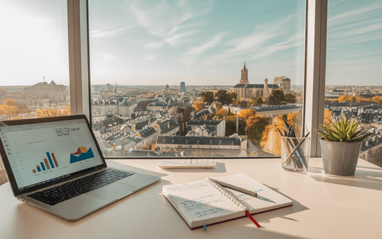 Bureau moderne avec ordinateur affichant des graphiques SEO, carnet et stylo, vue sur ville française, symbolisant innovation en agence SEO.