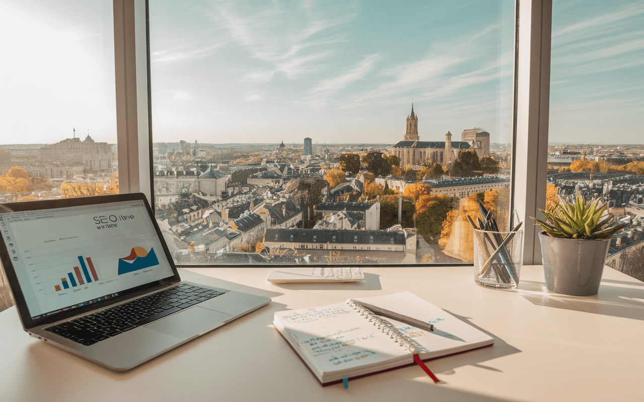 Bureau moderne avec ordinateur affichant des graphiques SEO, carnet et stylo, vue sur ville française, symbolisant innovation en agence SEO.