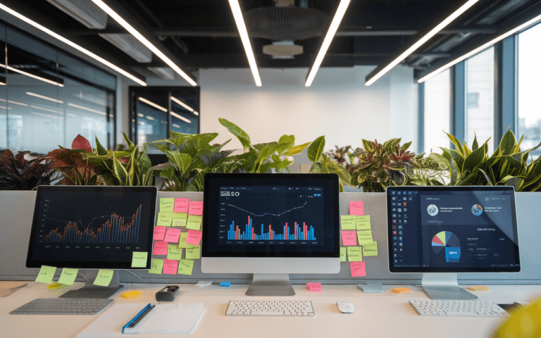 Bureau high-tech avec écrans d'ordinateur affichant des graphiques SEO, post-it colorés sur tableau blanc, éclairage LED futuriste et plantes vertes, optimisé pour agence seo.