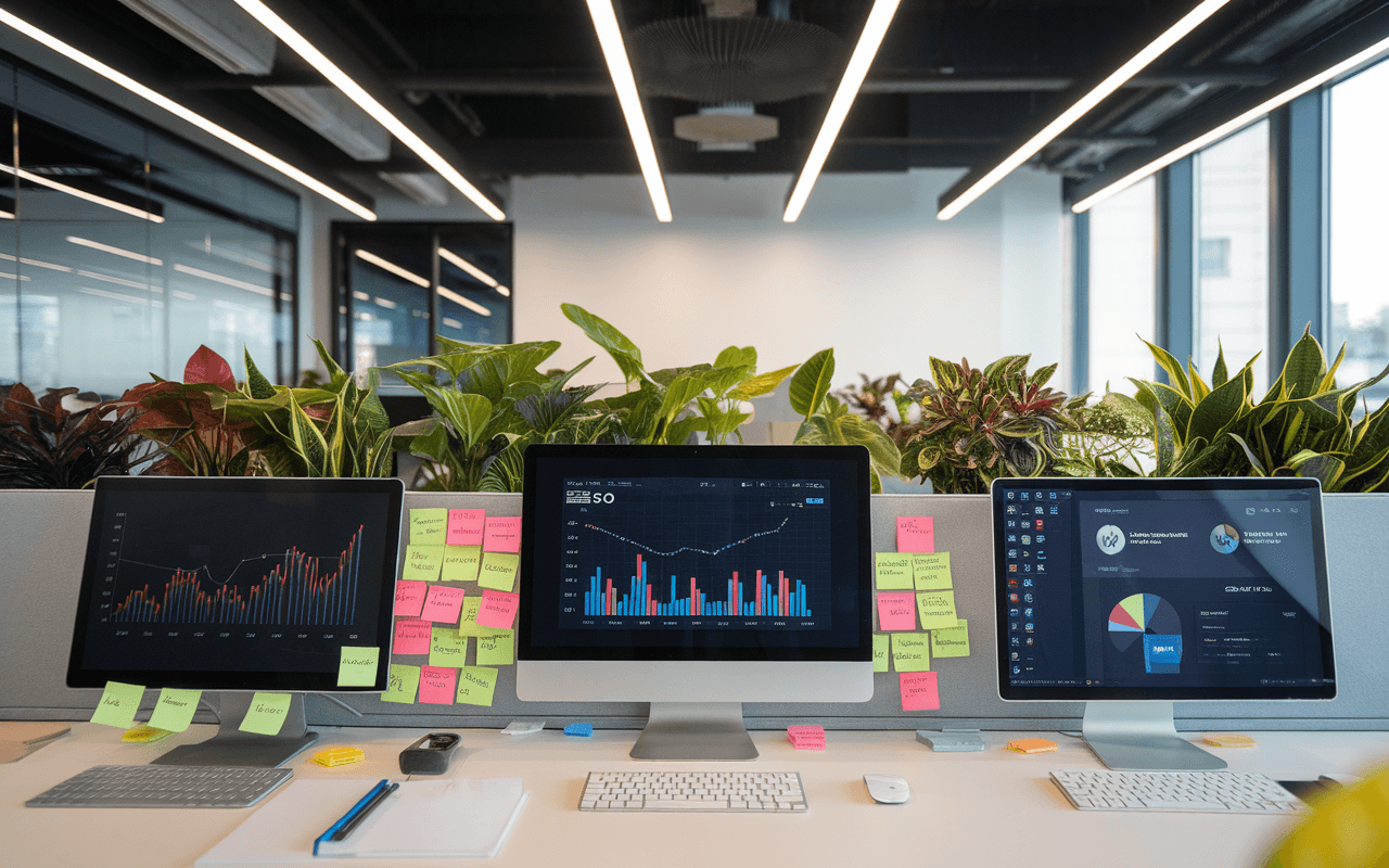 Bureau high-tech avec écrans d'ordinateur affichant des graphiques SEO, post-it colorés sur tableau blanc, éclairage LED futuriste et plantes vertes, optimisé pour agence seo.