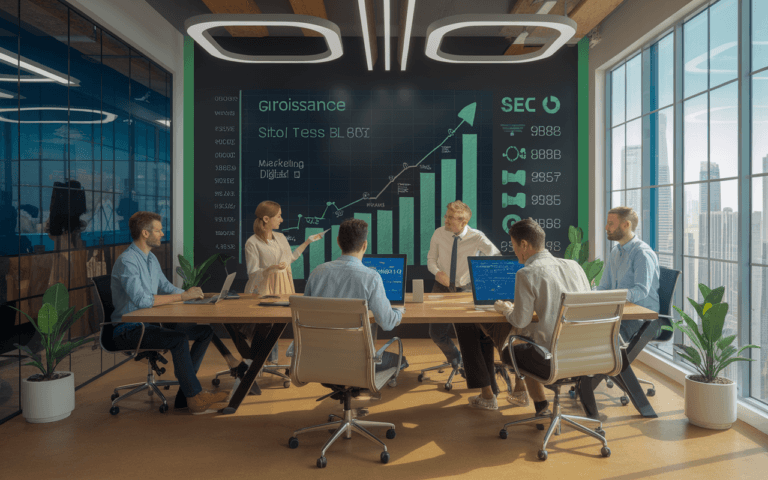 Bureau moderne d'une agence SEO avec des professionnels collaborant autour d'un écran affichant des graphiques de croissance, ambiance technologique avec touches de bleu et vert, icônes de wifi et globe en arrière-plan.