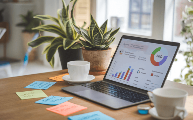 Bureau moderne avec un ordinateur affichant des graphiques de statistiques SEO, notes adhésives sur l'optimisation, plante verte symbolisant la croissance, représentant le travail d'une agence seo.