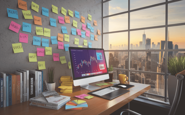 Bureau moderne d'une agence SEO avec un ordinateur affichant un tableau de bord analytique, post-it mots-clés, livres marketing digital, tasse de café, et vue sur une ville futuriste.
