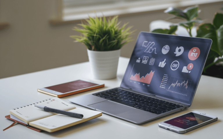 Bureau moderne avec ordinateur affichant des graphiques de référencement, carnet de notes, smartphone et plante, symbolisant un environnement productif pour améliorer référencement google.