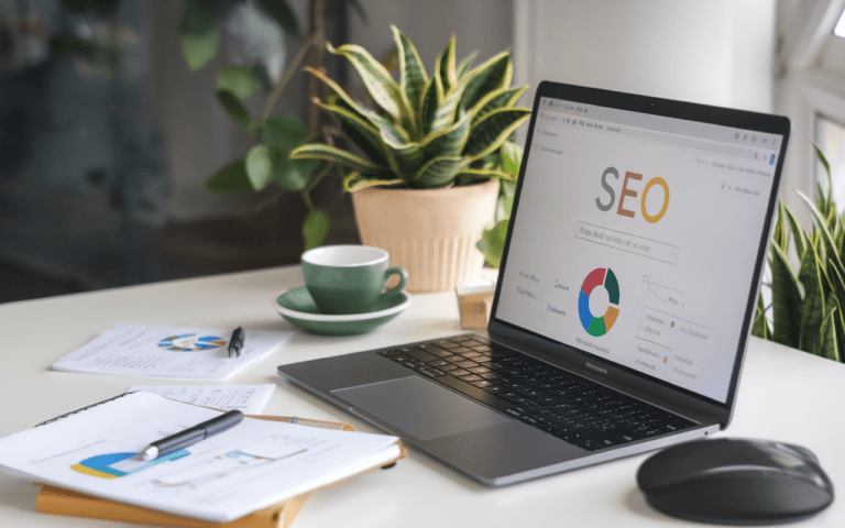 Écran d'ordinateur affichant un logiciel d'analyse SEO sur un bureau moderne, avec notes manuscrites et café, symbolisant l'efficacité pour améliorer référencement Google.