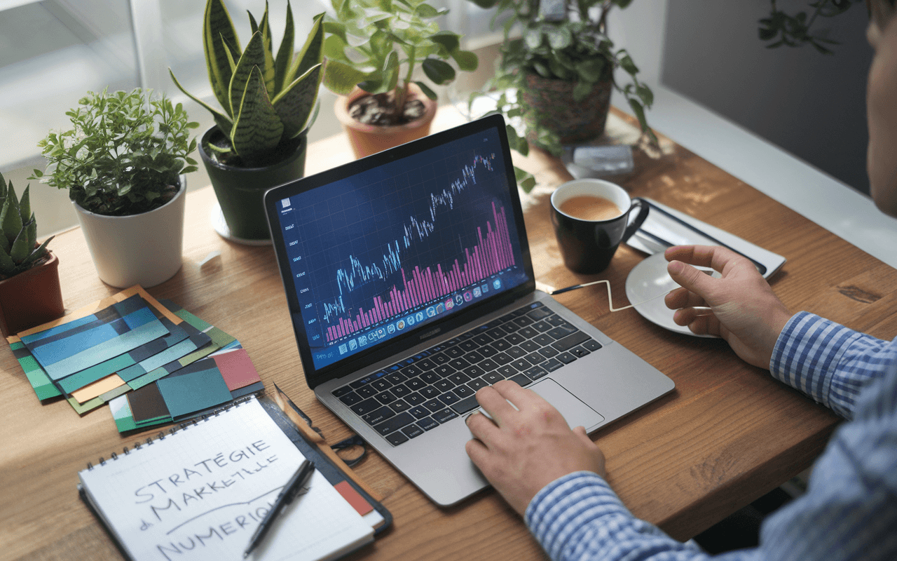 Bureau moderne avec ordinateur portable montrant un graphique de croissance, plantes vertes, carnet de stratégie de marketing numérique, et café, illustrant comment améliorer référencement google avec une ambiance professionnelle et dynamique.