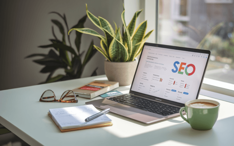 Bureau à domicile moderne avec ordinateur portable affichant des statistiques SEO, accessoires pour écrire, et ambiance productive, idéal pour améliorer référencement google.