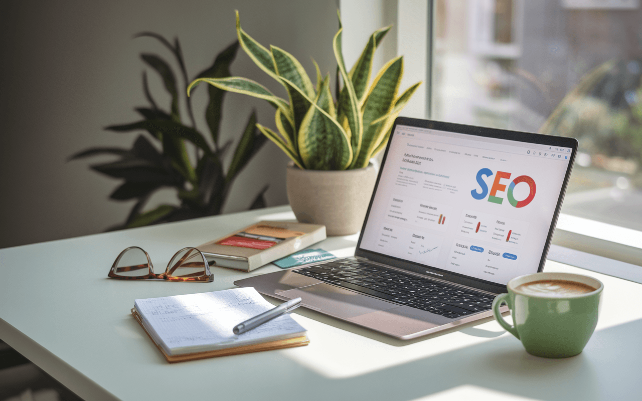 Bureau à domicile moderne avec ordinateur portable affichant des statistiques SEO, accessoires pour écrire, et ambiance productive, idéal pour améliorer référencement google.