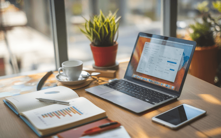 Bureau moderne avec ordinateur affichant résultats de moteur de recherche, carnet avec notes SEO, surligneurs colorés, café fumant; atmosphère productive pour améliorer référencement Google.