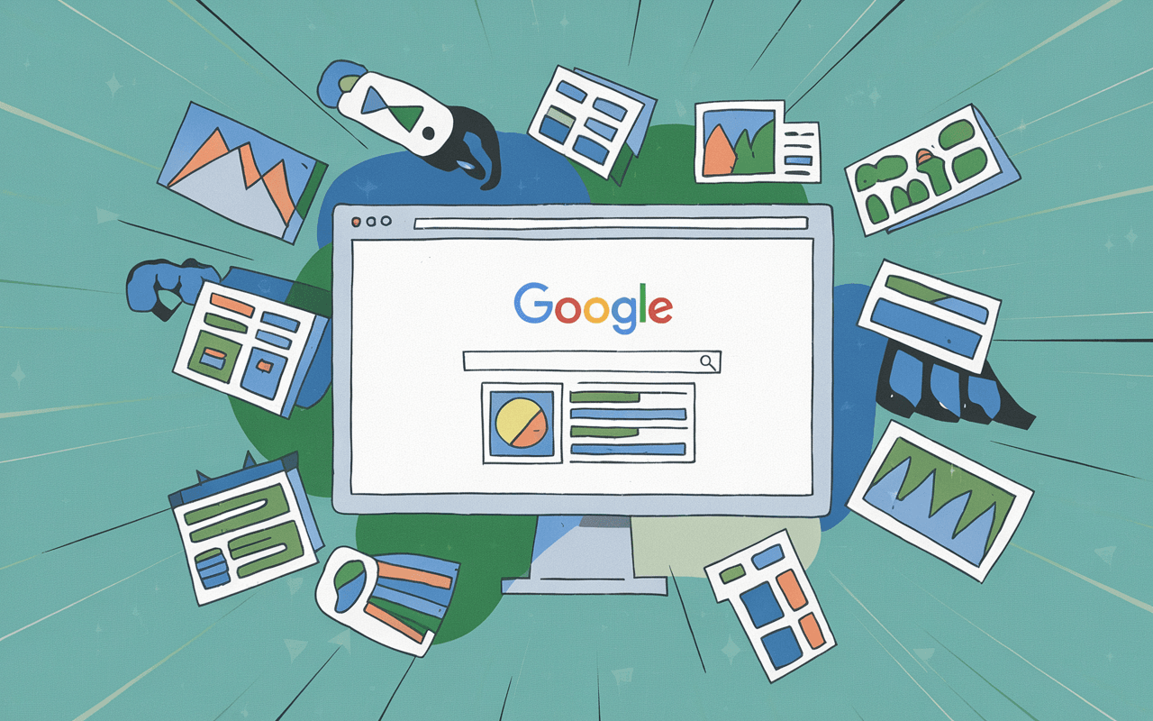 Illustration d'un écran d'ordinateur affichant des résultats de recherche Google, entouré d'icônes visuelles flottantes, symbolisant le contenu visuel pour améliorer référencement Google.
