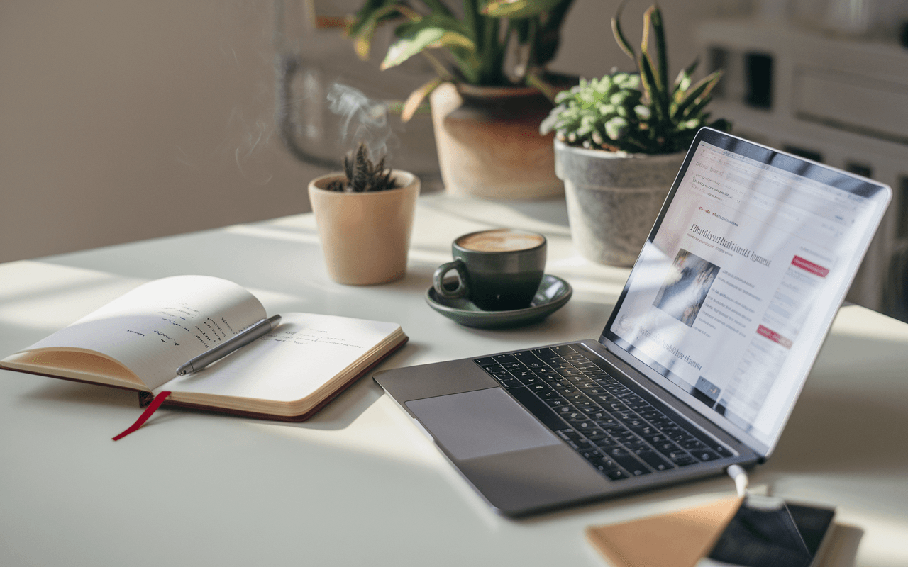 Espace de travail moderne avec ordinateur portable ouvert sur un article de blog, carnet de notes, tasse de café et plante verte, idéal pour la création de contenu.