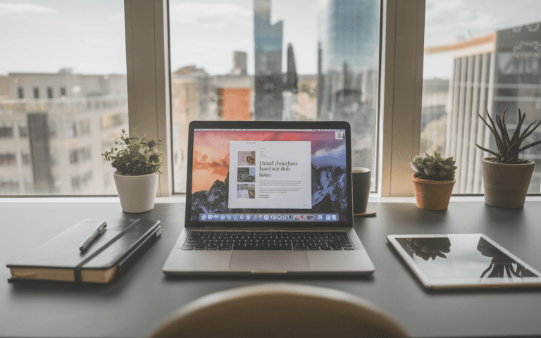 Espace de travail moderne avec un ordinateur portable ouvert montrant un article de blog en rédaction, smartphone et tablette sur le bureau, carnet et stylo ajoutant une touche créative, vue urbaine en arrière-plan.