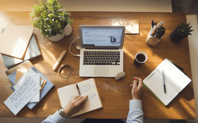 Vue aérienne d'un bureau organisé avec un ordinateur montrant un article de blog, entouré de notes autocollantes, d'un carnet et d'une tasse de café, sous une lumière naturelle douce.