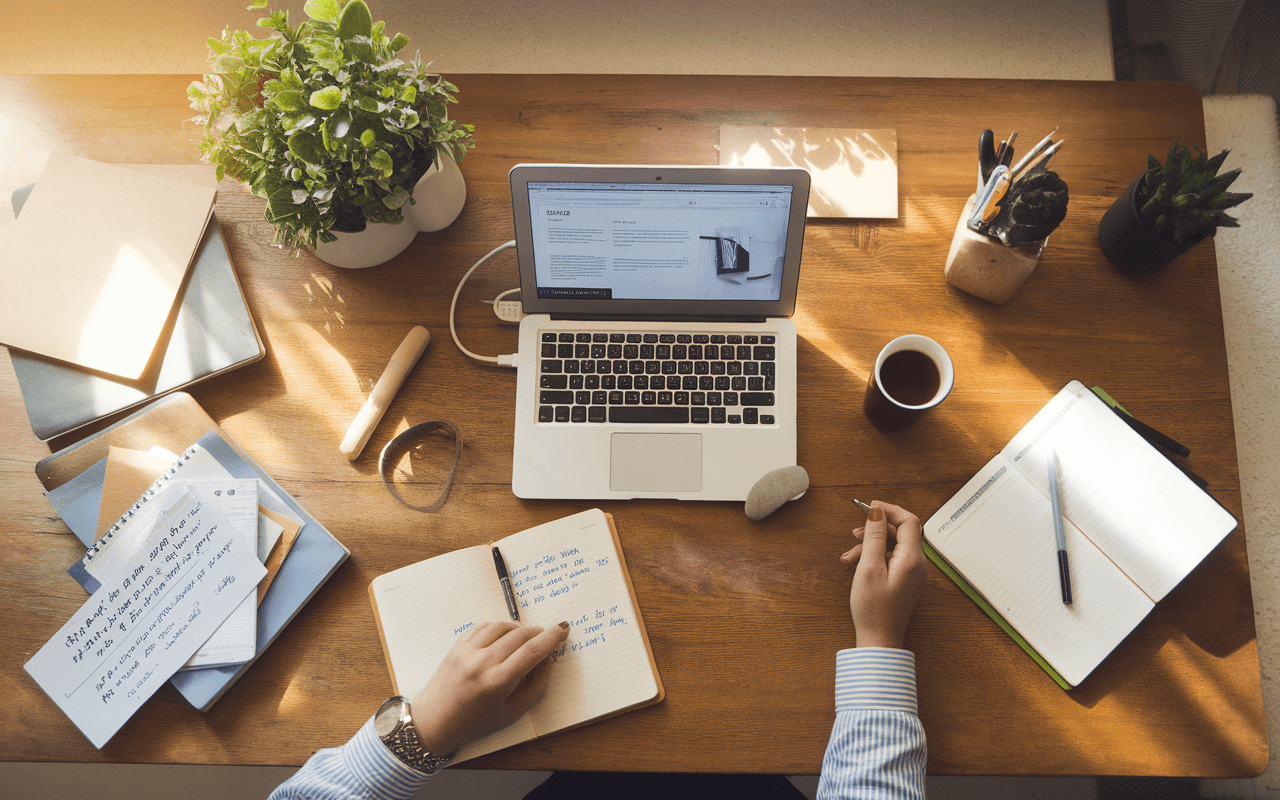 Vue aérienne d'un bureau organisé avec un ordinateur montrant un article de blog, entouré de notes autocollantes, d'un carnet et d'une tasse de café, sous une lumière naturelle douce.