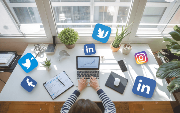 Image d'un bureau moderne avec un ordinateur portable montrant un graphique de statistiques en forte hausse, entouré d'icônes de réseaux sociaux, illustrant l'impact croissant des réseaux sociaux sur la visibilité d'un article de blog.