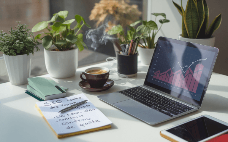 Bureau moderne avec ordinateur affichant graphique de croissance, tasse à café, notes manuscrites sur SEO, entouré de plantes, idéal pour illustration d'article de blog sur stratégies de contenu.