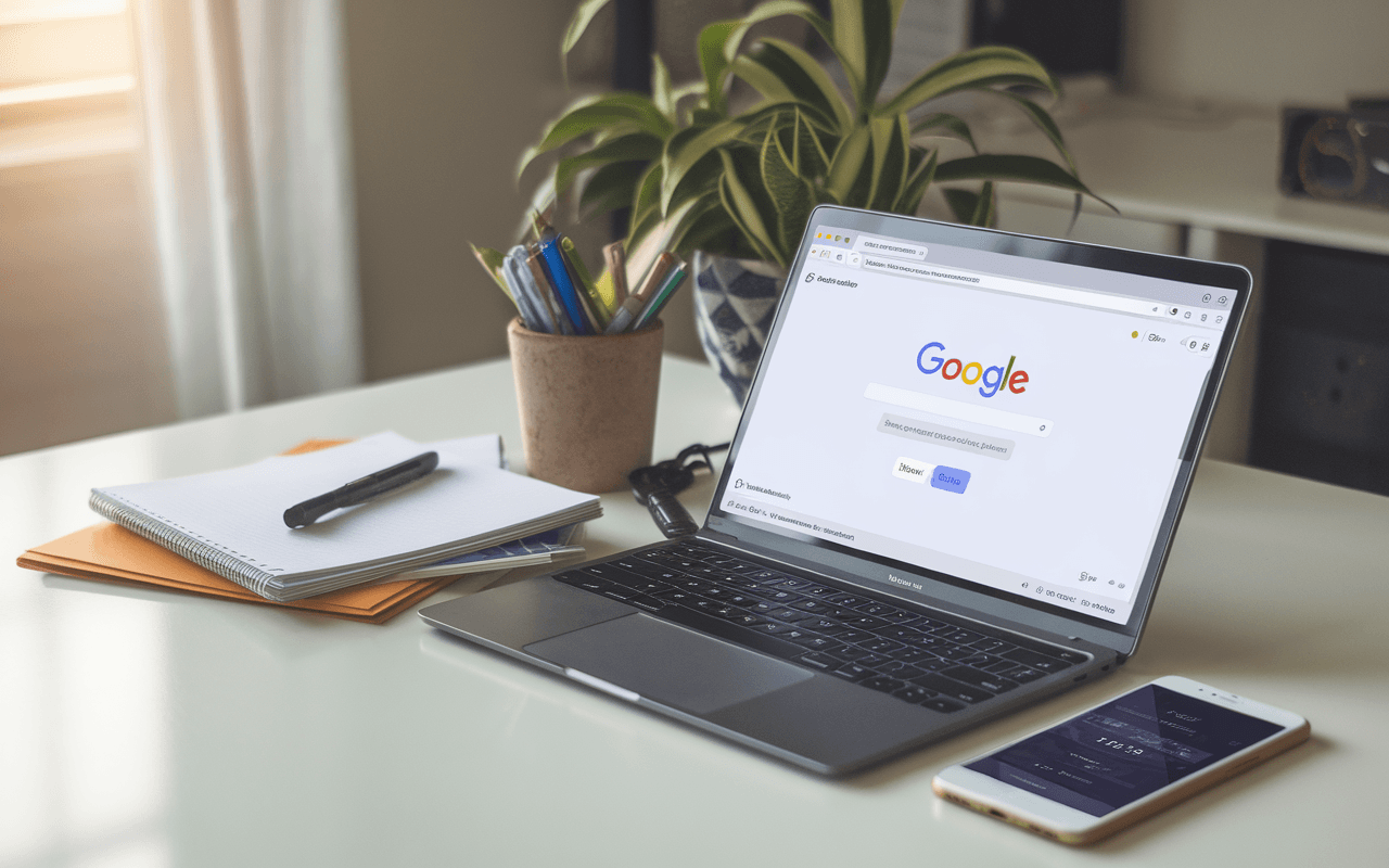 Bureau moderne avec ordinateur portable affichant une interface de recherche Google, entouré de cahiers de notes et stylos, smartphone avec notification de statistiques de site, plante verte en arrière-plan, illustrant comment être visible sur Google.