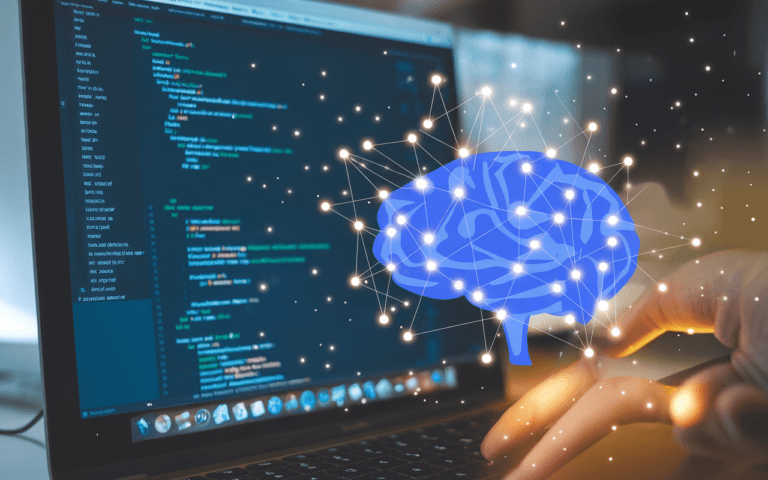 Icône de réseau de neurones bleu illustrant comment être visible sur google avec points lumineux et lignes symbolisant l'algorithme, écran de résultats de recherche en arrière-plan.