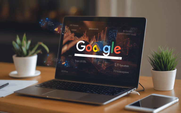 Image futuriste illustrant l'avenir du SEO en 2025 avec un écran d'ordinateur moderne affichant une page de résultats Google, intégrant des graphiques dynamiques et des analyses 3D. Hologrammes et interfaces intuitives symbolisent comment être visible sur Google, le tout dans une esthétique épurée avec des teintes bleues et blanches représentant la technologie avancée.