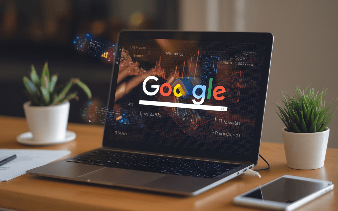 Image futuriste illustrant l'avenir du SEO en 2025 avec un écran d'ordinateur moderne affichant une page de résultats Google, intégrant des graphiques dynamiques et des analyses 3D. Hologrammes et interfaces intuitives symbolisent comment être visible sur Google, le tout dans une esthétique épurée avec des teintes bleues et blanches représentant la technologie avancée.