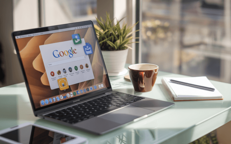 Ordinateur portable affichant des résultats de recherche, symbolisant comment être visible sur Google avec graphiques et empreintes digitales, sur un bureau avec café et carnet de notes, éclairé naturellement.
