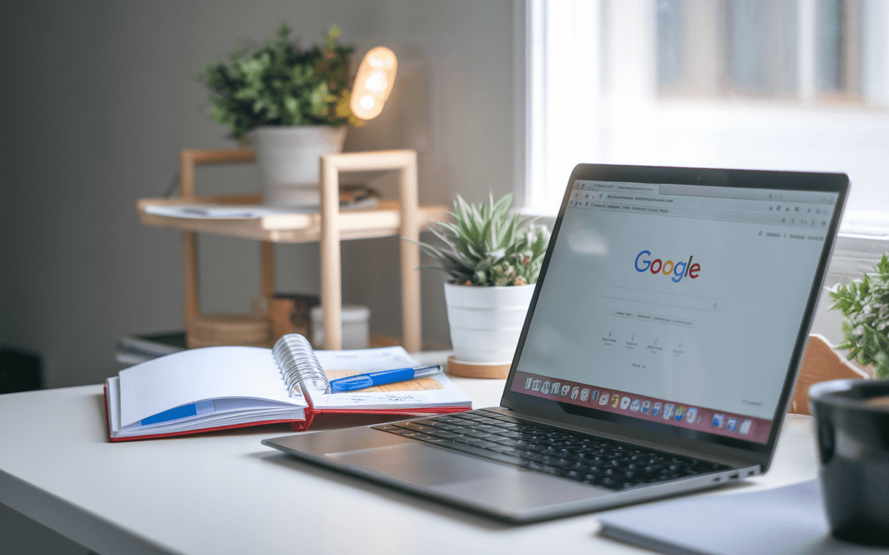 Bureau moderne avec ordinateur sur page résultats Google, carnet de notes, plante en arrière-plan ; symbolise comment être visible sur Google.