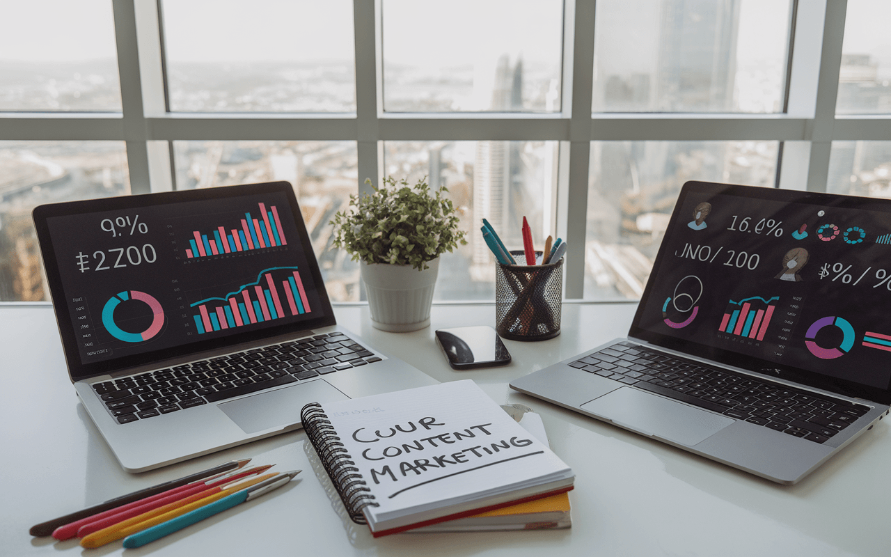 Bureau moderne avec ordinateurs montrant des graphiques de performance, carnet de notes sur le content marketing et ambiance lumineuse propice à la créativité.
