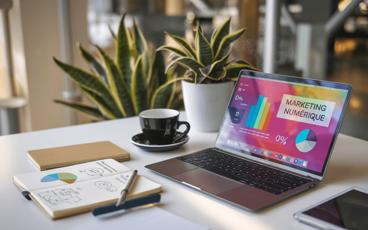 Bureau moderne avec ordinateur affichant des graphiques de content marketing, carnet de notes et café, plante verte en arrière-plan, ambiance créative pour le marketing digital.