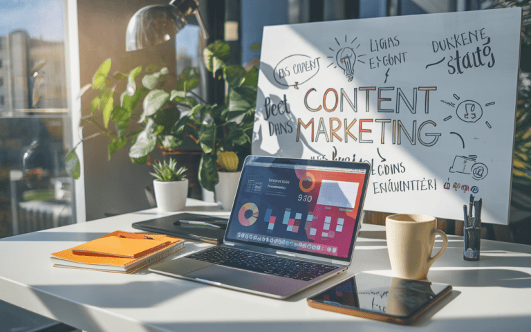 Bureau moderne avec ordinateur affichant graphiques de marketing digital, entouré de notes et smartphone; arrière-plan tableau illustrant stratégies de content marketing.