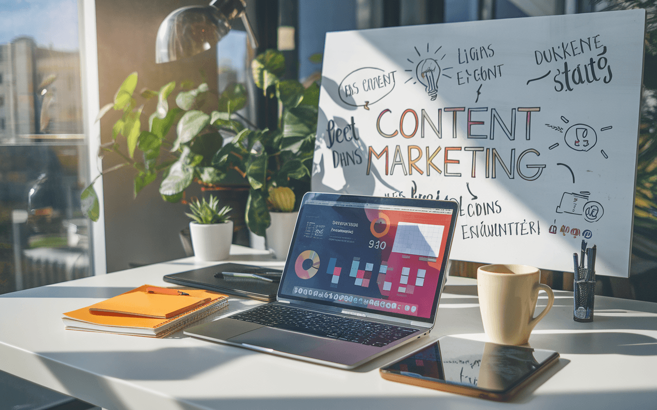 Bureau moderne avec ordinateur affichant graphiques de marketing digital, entouré de notes et smartphone; arrière-plan tableau illustrant stratégies de content marketing.