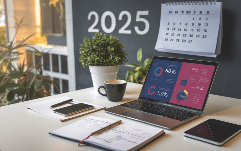 Espace de travail digital moderne illustrant le futur du content marketing en 2025, avec ordinateur portable, smartphone et outils de planification stratégique.