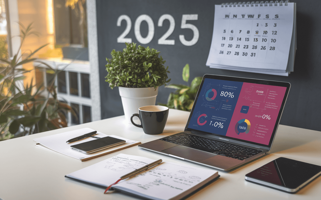 Espace de travail digital moderne illustrant le futur du content marketing en 2025, avec ordinateur portable, smartphone et outils de planification stratégique.