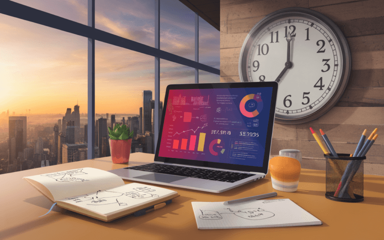 Bureau moderne avec ordinateur affichant des graphiques de content marketing, carnet et stylos pour idées, montre murale indiquant le temps.