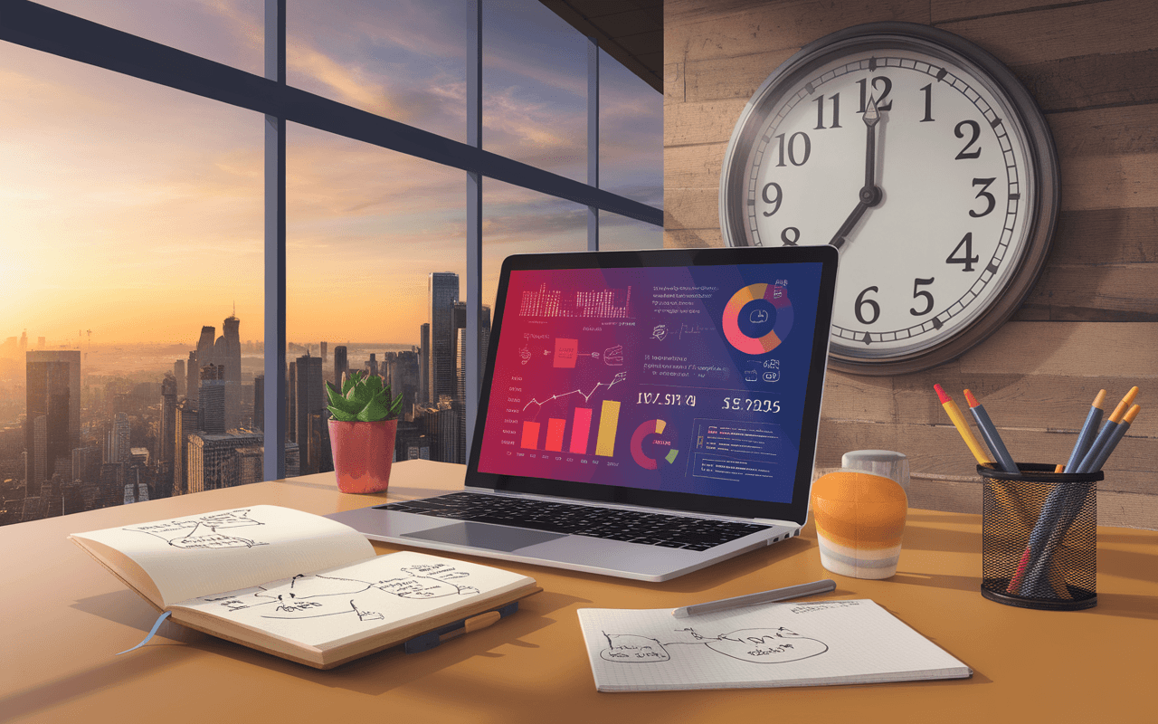 Bureau moderne avec ordinateur affichant des graphiques de content marketing, carnet et stylos pour idées, montre murale indiquant le temps.