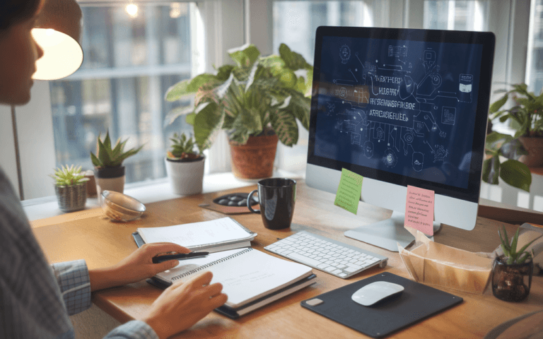 Bureau moderne avec ordinateur affichant un logiciel de création de contenu assisté par intelligence artificielle, cahiers avec notes manuscrites, smartphone avec alertes marketing, mug de café, et plante verte, illustrant l'impact de l'IA sur le content marketing.