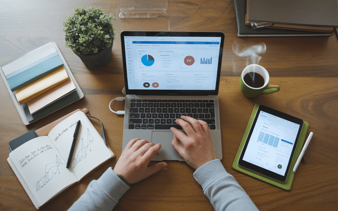 Image d'un bureau minimaliste affichant un ordinateur portable ultra-moderne avec un tableau de bord analytique, une tablette tactile avec une appli de gestion de contenu, un carnet de notes avec graphiques manuscrits, un café fumant et un smartphone, illustrant l'innovation dans le content marketing.