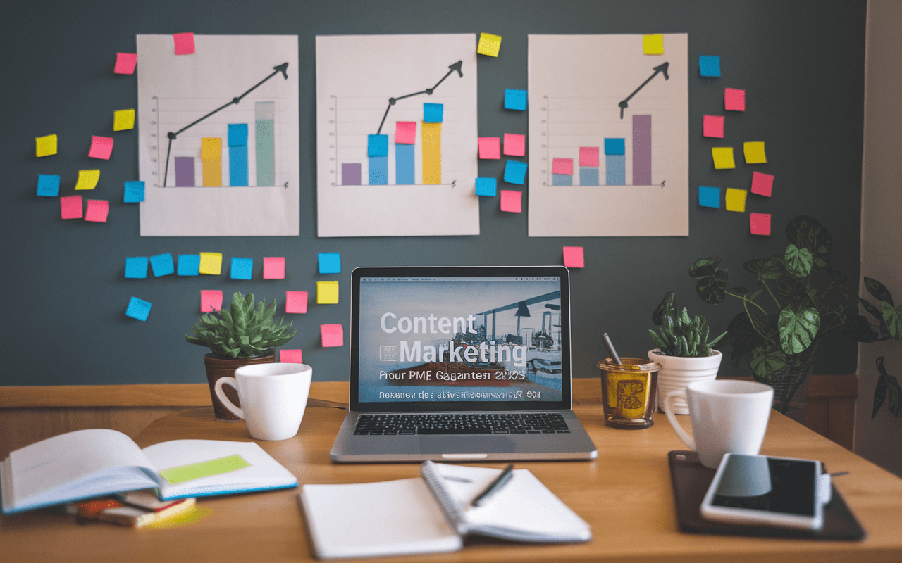 Image représentant un bureau moderne de PME avec un ordinateur portable affichant des graphiques numériques croissants, illustrant l'essor du content marketing. En arrière-plan, des post-it colorés sur un tableau blanc symbolisent des idées innovantes. Des tasses de café et cahiers avec annotations sur le bureau complètent une ambiance dynamique et professionnelle.