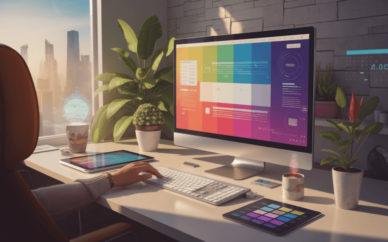 Bureau numérique futuriste avec écran ultra-fin montrant un site en conception, accessoires high-tech, hologrammes de données, et plantes vertes, illustrant la création de contenu web en 2025.