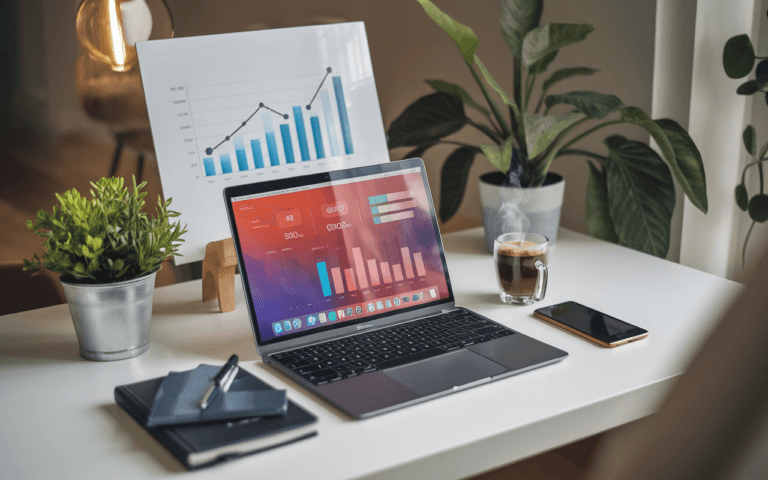 Bureau moderne et épuré avec ordinateur portable affichant graphiques, entouré de carnet, smartphone, café et plantes, suggérant succès et efficacité dans la création de contenu web pour 2025.