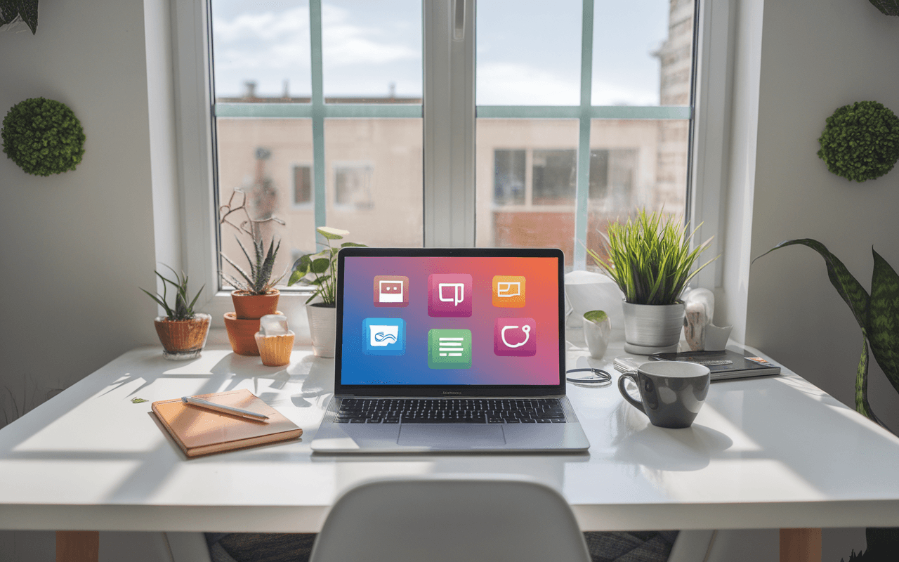 Bureau moderne avec ordinateur portable ouvert sur interface de création de contenu web, écouteurs, carnet et café, lumière naturelle, plantes décoratives.