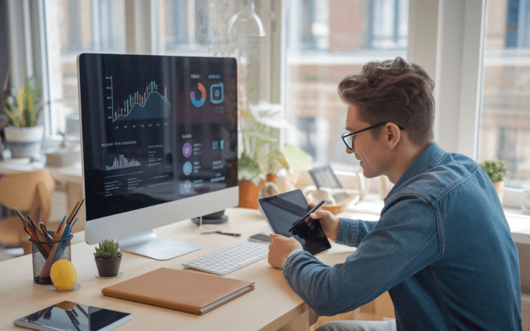 Scène moderne de bureau avec un écran affichant des graphiques et des analyses de tendances numériques, jeune professionnel prenant des notes sur une tablette, symbolisant l'innovation dans la création de contenu web.