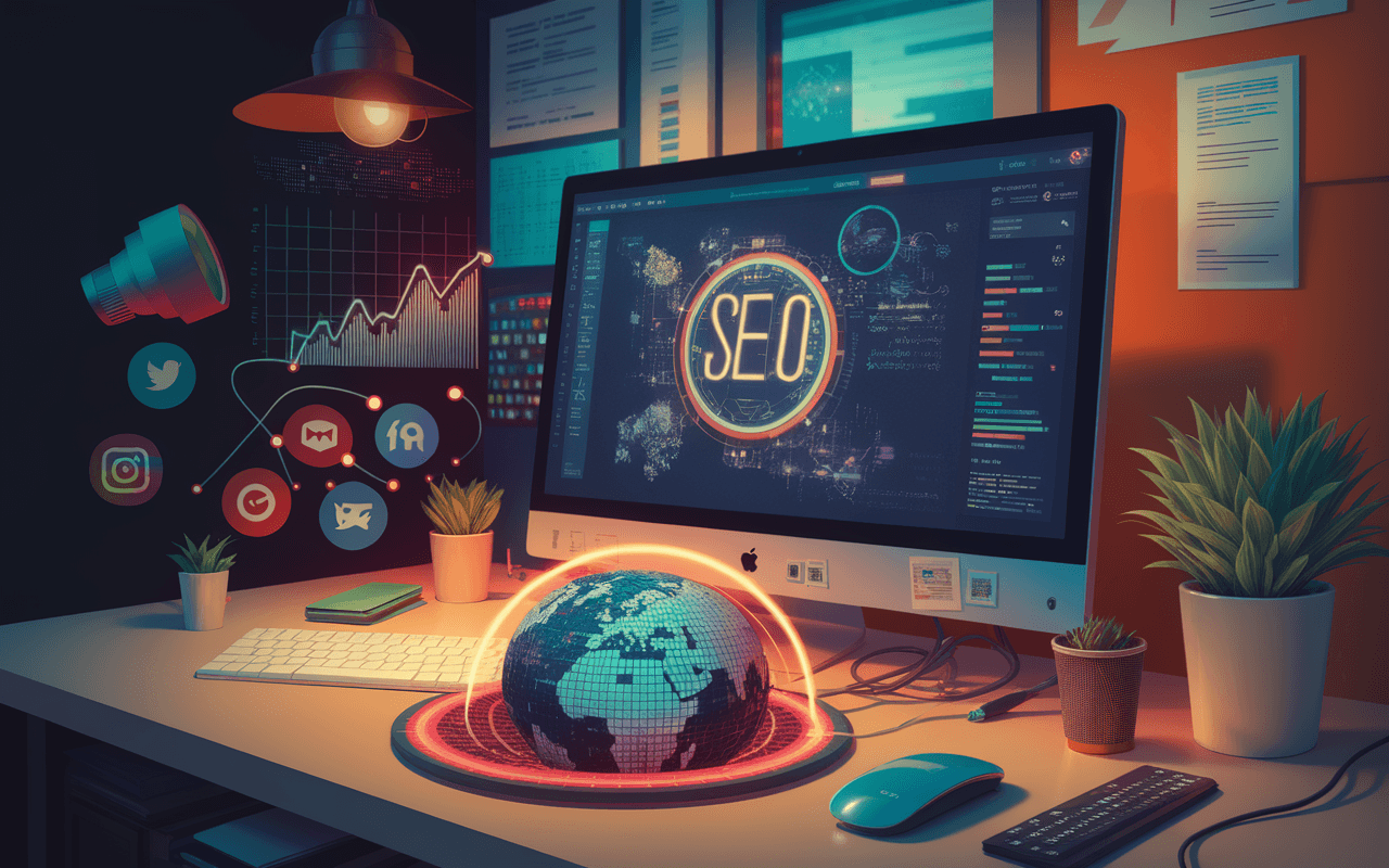 Illustration d'un bureau numérique futuriste axé sur la création de contenu web, écran d'ordinateur affichant interface avancée, outils numériques, et icônes SEO symbolisant les tendances technologiques.