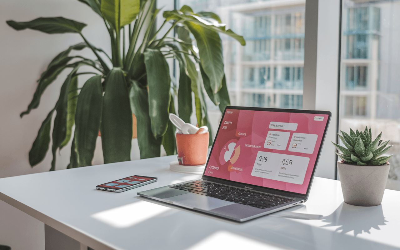 Bureau moderne 2025 pour la création de contenu web avec ordinateur portable affichant des graphiques analytiques, smartphone avec notifications de réseaux sociaux, grande plante verte et baie vitrée lumineuse.