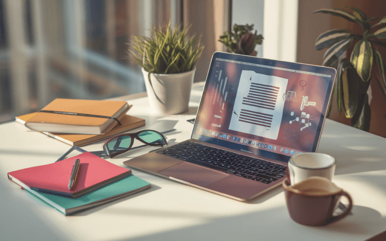 Table de travail moderne avec ordinateur affichant du texte et des graphiques, entourée d'accessoires créatifs comme carnets, stylo, lunettes et café, sous une lumière naturelle, représentant la création de contenu web.